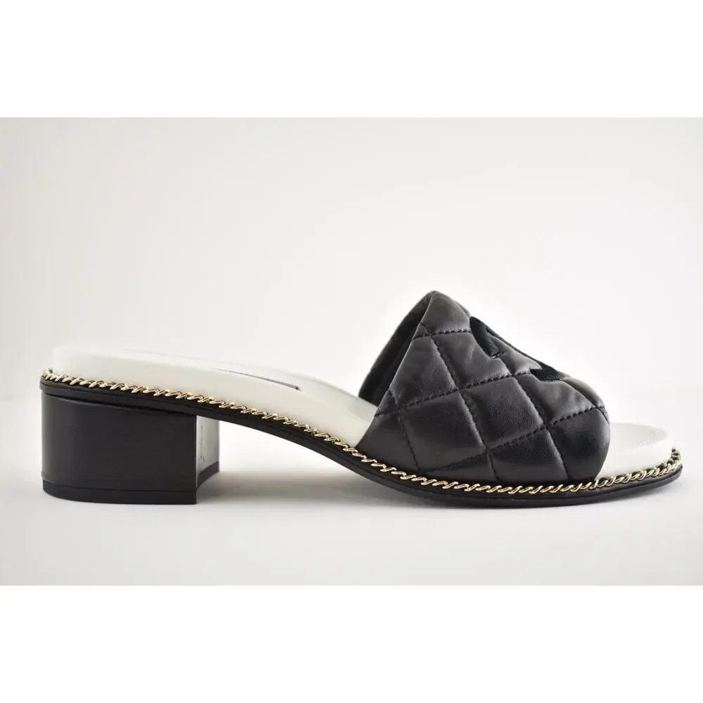 Chanel 25P Black Quilted Leather Chain CC Logo Mule Slide Sandal Block Heel 40.5